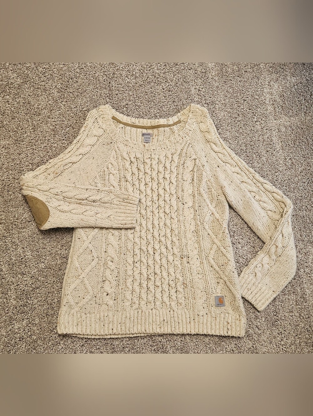 Vintage Carhartt Women's Cream Cable-Accent Crew Neck Sweater Large
